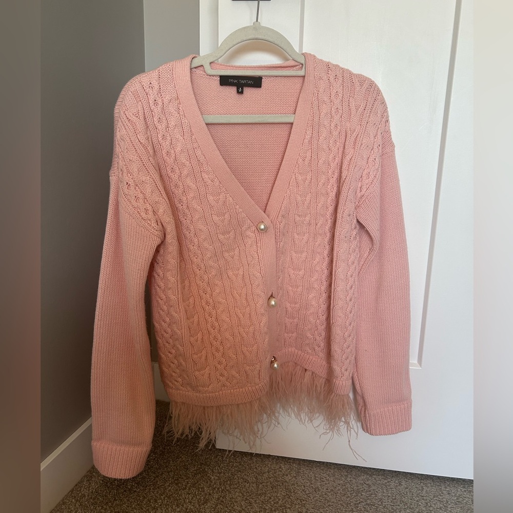 Pink Cardigan with Feather Hem